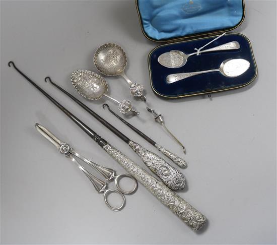 Cased pair of silver preserve spoons, pair of silver grape shears, 2 x German spoons etc.